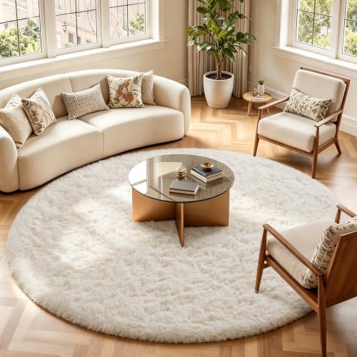 Ophanie Round Rugs 7Ft Ivory Circle Area Rug Washable, Living Room Aesthetic - Image 3