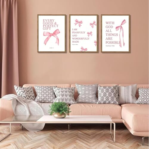JBZDD Wood Coquette Pink Bow Canvas Wall Art Set of 3, Inspirational Bible - Image 4