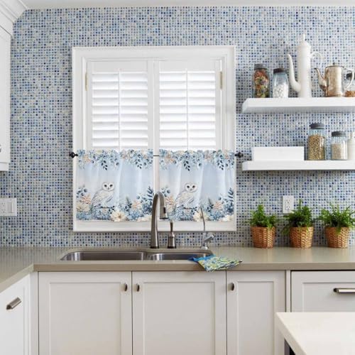 Blue Christmas Kitchen Curtains and Valances Set, Winter Snowy Owl Poinsettia - Image 5