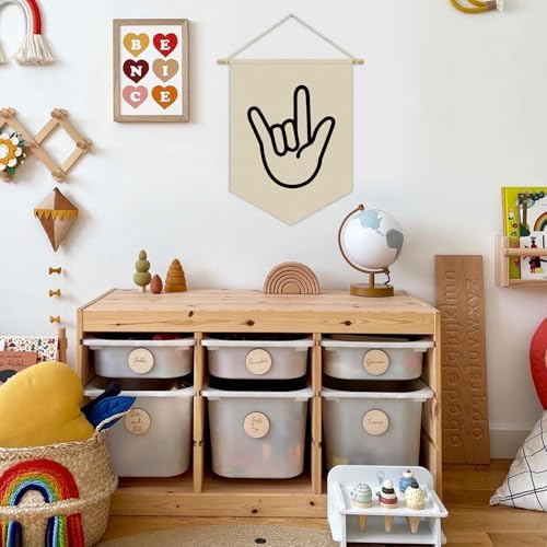 Kids Room Decor, Boy Nursery Linen Canvas Banner, I Love You Hand Sign Neutral - Image 2