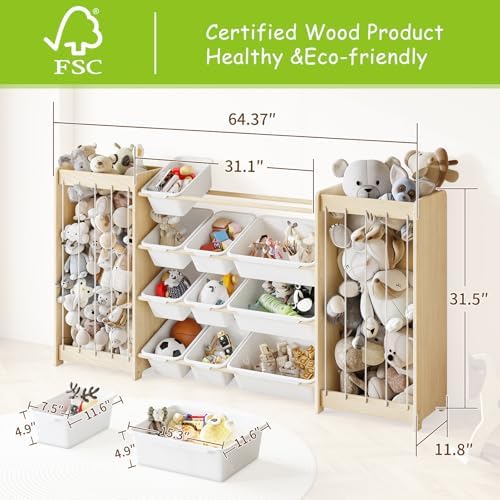 EXPERLAM Large Toy Storage Organizer, Wooden Stuffed Animal Storage & 12-Bins - Image 2