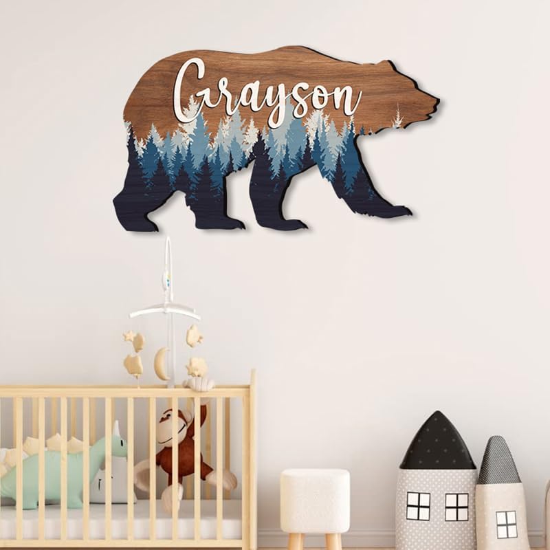 Personalized Baby name signs for nursery, for kids room Bear wooden nursery - Image 2