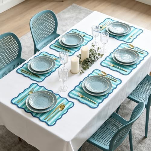JarThenaAMCS 60 Pcs Blue Green Striped Paper Placemats Scalloped Edge Table - Image 6