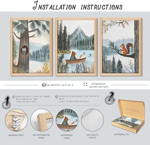 Framed Cute Animals Wall Art Set of 3, Woodland Bear Canoe Adventure Nursery - Image 5