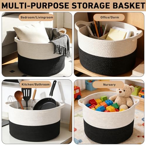 65L Large Blanket Basket, Woven Rope Laundry Basket-White&Black - Image 6