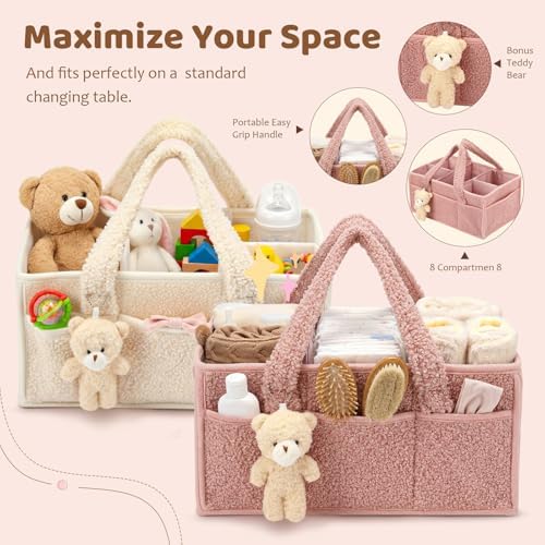Shinylin 2 Pack Plush Diaper Caddy Organizer, Powder Pink and Ivory - Image 3
