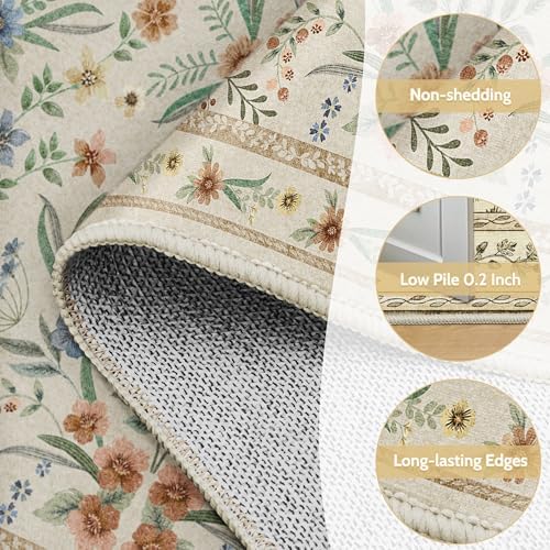 Beige Floral Washable Rug 7x9 – Large Vintage Boho Non-Slip Carpet, Soft Low - Image 5