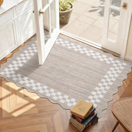 Small Area Rug 2x3 Modern Checkered Entry Rug Solid Color Scalloped Kitchen - Image 3