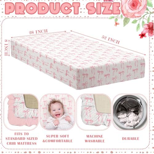 Breling 2 Pcs Muslin Pink and Pink Bow Crib Sheets - Image 2