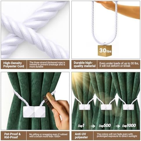 Hion Magnetic Curtain Tiebacks White 2pcs, Curtain Tiebacks Buckles Holdbacks - Image 3
