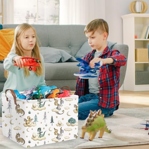 Rectangular Dinosaur Baskets, Watercolor cute dragon fairy tale kids nursery - Image 4
