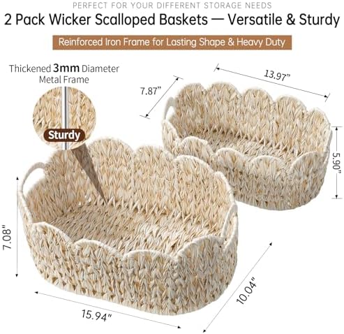 Coeusy Wicker Scalloped Basket Set of 2, Woven Storage Baskets - Image 4