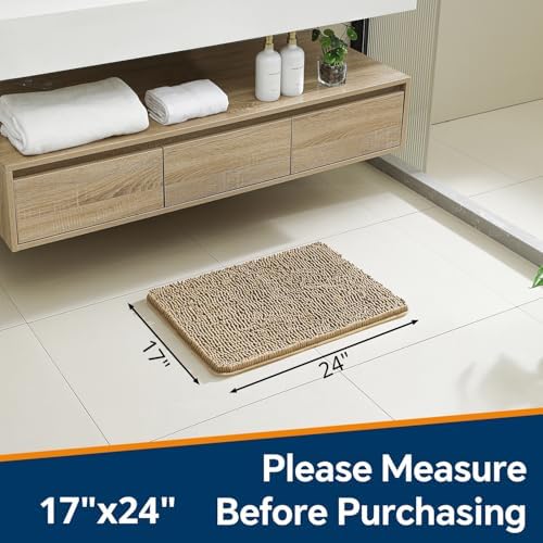 Chenille Bathroom Rug 17"x24" Beige, Non-Slip Plush Bath Mat - Image 2