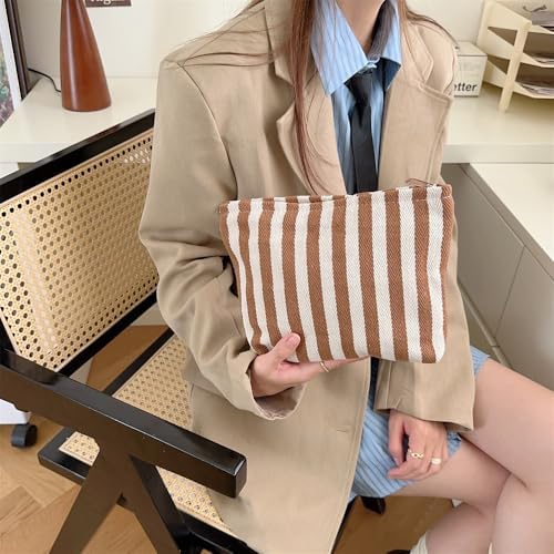 Flat Makeup Bag for Women, Zipper Cosmetic Pouch for Purse, Stripe Coffee - Image 2