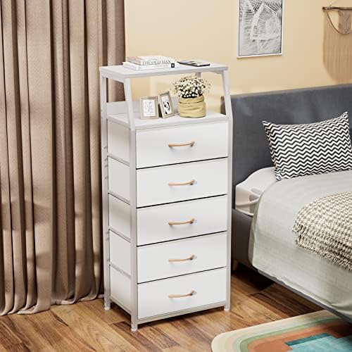 Furnulem White Tall Dresser for Bedroom, 5 Fabric Bins Tall Nightstand - Image 2