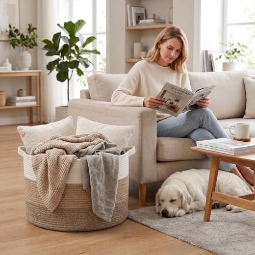 90L Extra Large Blanket Basket, Woven Rope Laundry Basket-Mix Brown - Image 4
