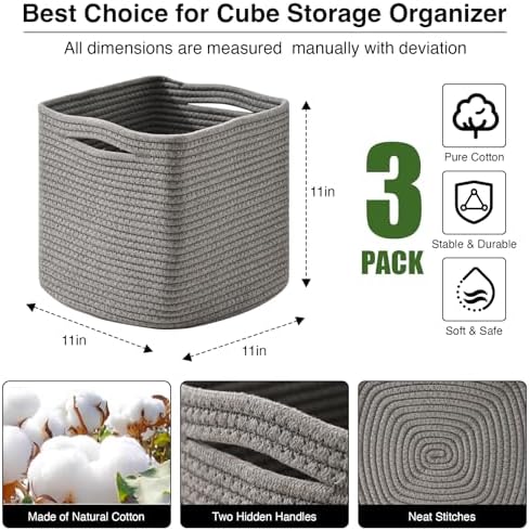 ICERZCZ 11 Inch Cube Storage Bins, Storage Cube Organizer Bins, Woven Cotton - Image 3