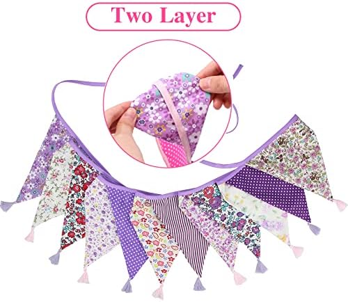 G2PLUS 10.8Ft Cotton Triangle Bunting Banner – 12pcs Purple Floral Fabric - Image 4