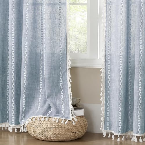MitoVilla Blue Boho Linen Bedroom Curtains 84 Inch Length 2 Panels Set - Image 6