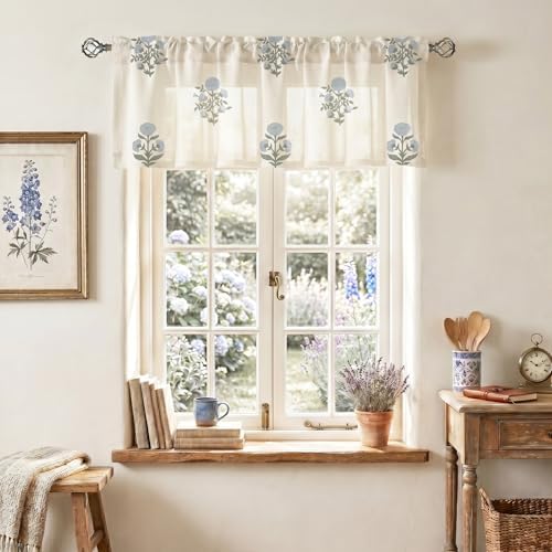 Floral Kitchen Valances for Windows, Farmhouse Linen Sheer Window Valance for - Image 3