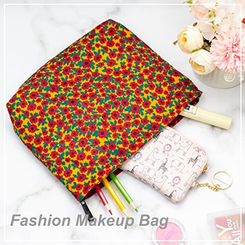 Flat Makeup Bag for Women, Zipper Cosmetic Pouch for Purse, Floral Red - Image 4