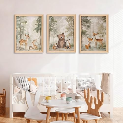 Framed Woodland Wall Art Set of 3, Wild Animals Nursery Wall Decor, Cute Bear - Image 2