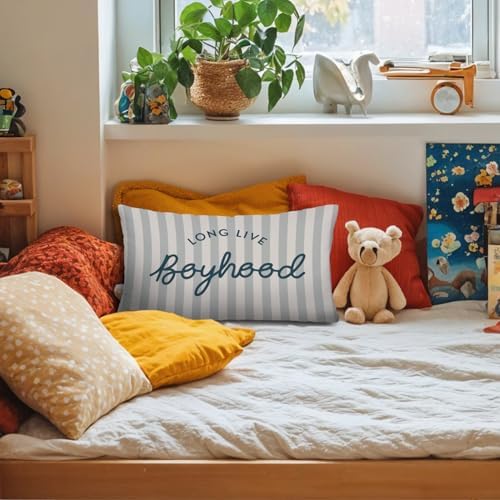 Boy Nursery Decor 12x20 Pillow Cover, Long Live Boyhood Neutral Striped - Image 4