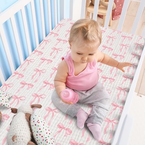 Breling 2 Pcs Muslin Pink and Pink Bow Crib Sheets - Image 5