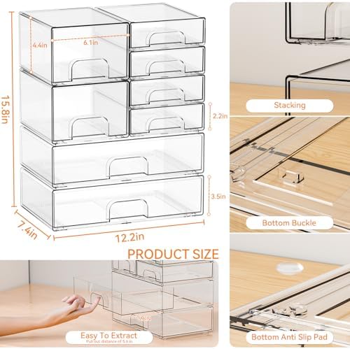 Yieach 8 Pack Clear Stackable Storage Drawers, Acrylic Drawer Organizer - Image 3