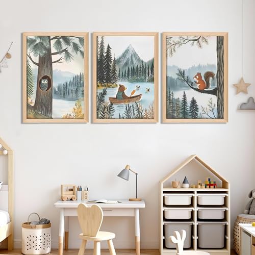 Framed Cute Animals Wall Art Set of 3, Woodland Bear Canoe Adventure Nursery - Image 4