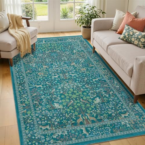 Teal 4x6 Throw Rugs for Small Living Room, Whimsical Tree of Life Floral Animal by Jainmy