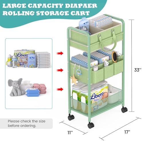 LIDTOP 2in1 Baby Diaper Caddy Organizer Cart, 3-Tier Rolling Cart, Metal Diaper - Image 2