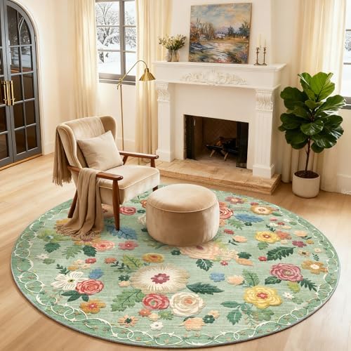 4ft Washable Round Rugs for Bedroom: Circle Living Room Rug Vintage Non Slip - Image 2