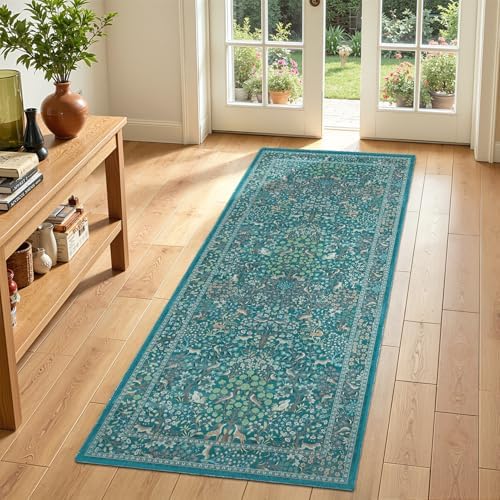 Teal Boho 2x5 Rug Runners for Hallways Non Slip, Whimsical Tree of Life Floral by Jainmy