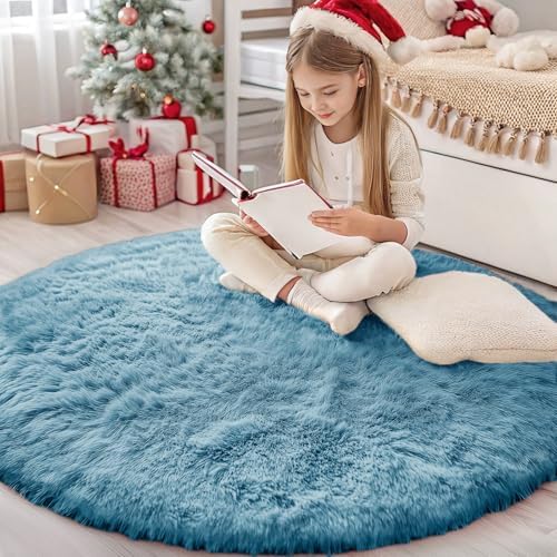 OLANLY Slate Blue Round Rugs for Bedroom by OLANLY