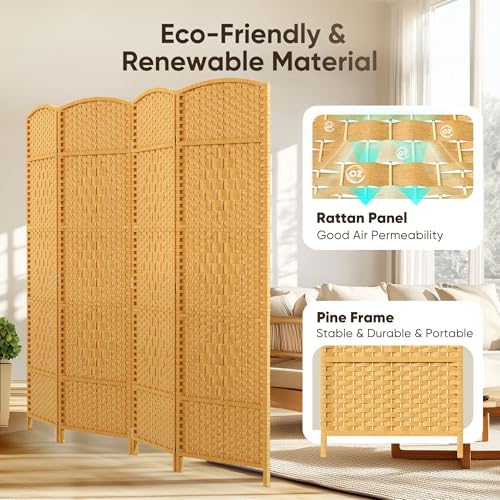 JOSTYLE Rattan Room Divider, 4-Panel Folding Privacy Screen 6ft. Extra Wide - Image 3
