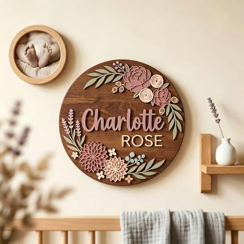 Personalized Wooden Nursery Name Sign, Custom Floral Baby Name Plaque, Round - Image 3