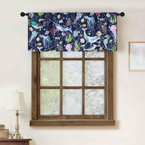 Shark Curtains Valance for Kids Room, Cartoon Sea Underwater Ocean Whale Turtle - Image 2