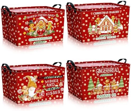 4 Pcs Gingerbread Man Christmas Basket Red Fabric Bins 15x10x8 by Bulyoou