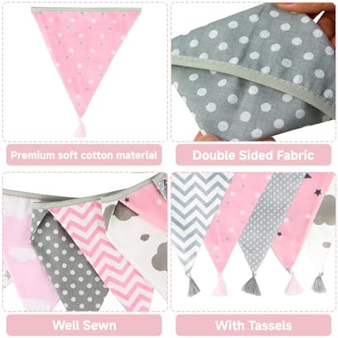 G2PLUS 10.8Ft Cotton Triangle Bunting Banner – 12pcs Pink and Grey Fabric - Image 3