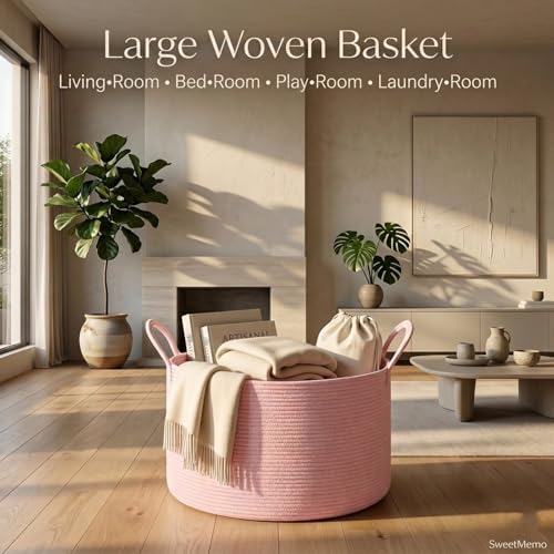 Extra Large Woven Throw Blanket Basket, 20 x 12 in, Blush Pink - Image 6