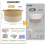 OIAHOMY 90L XXXLarge Blanket Basket Living Room Laundry Basket Jute&White - Image 2