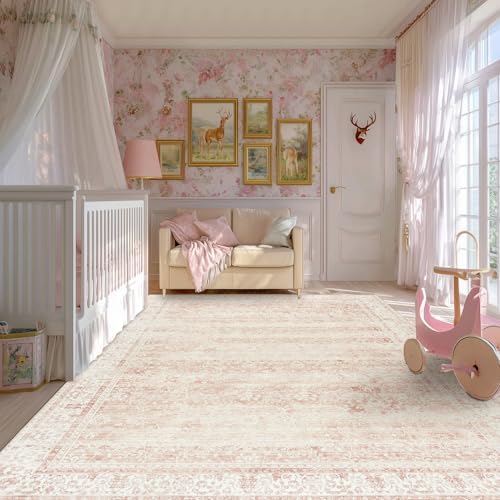 BILEEHOME Pink Washable 9x12 Area Rugs Living Room Soft Boho Floral Big Rug - Image 2