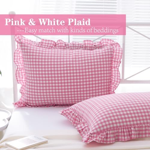 2 Pack Pink White Gingham Ruffle Standard Pillow Shams 20"x26" - Image 3