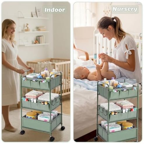 WILLBOND 3 Tier Green Baby Diaper Caddy Organizer Cart - Image 4
