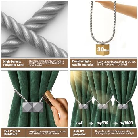 Hion Magnetic Curtain Tiebacks Grey 2pcs, Curtain Tiebacks Buckles Holdbacks - Image 3