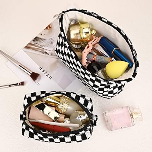 SOIDRAM 2 Pieces Black Makeup Bag Large Checkered Cosmetic Bag Capacity Canvas - Image 4