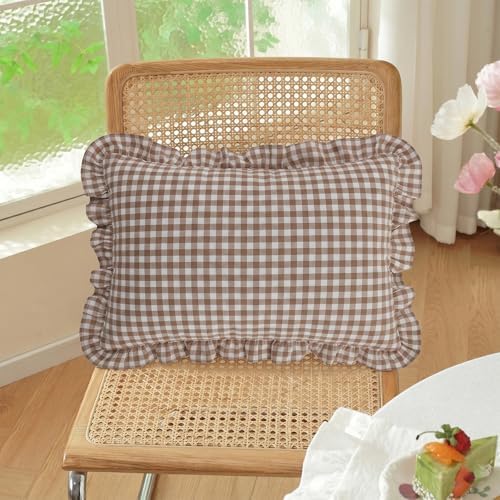 Set of 2 Ruffle Gingham Lumbar Pillow Covers 12x20 Inch Cotton Brown and White - Image 2