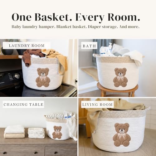 Teddy Bear Baby Storage Basket, Woven Cotton Rope Nursery Bin, 15x11 in - Image 5
