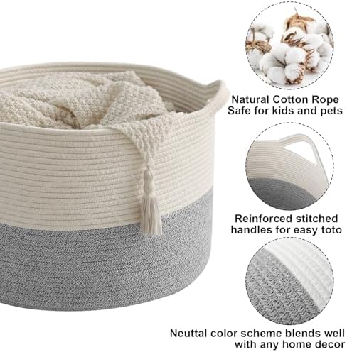 65L Large Blanket Basket, Woven Rope Laundry Basket-White&Grey - Image 3